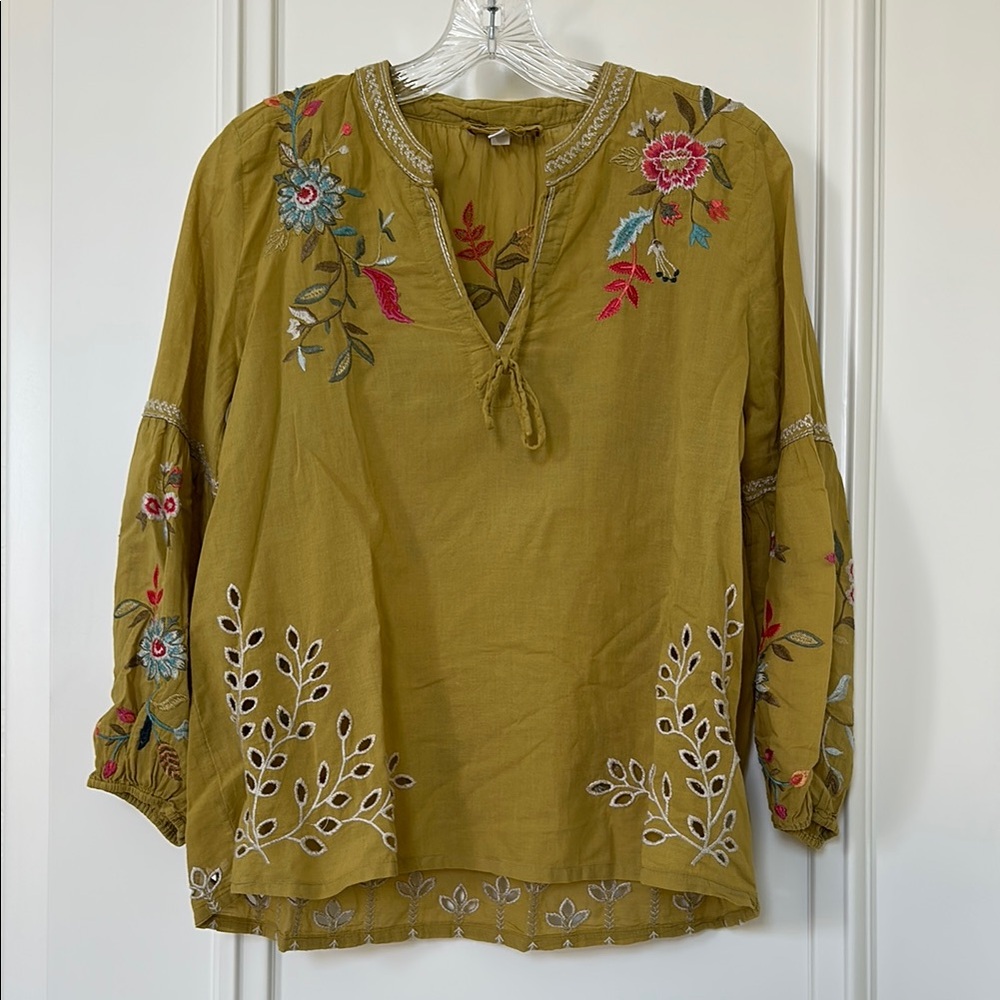Johnny Was Yellow Embroidered Blouse Lidia